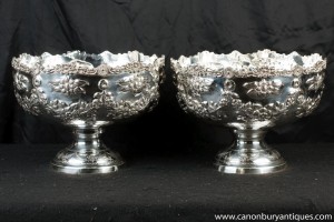 Pair Victorian Silver Plate Rococo Punch Bowls Champagne Buckets Dishes