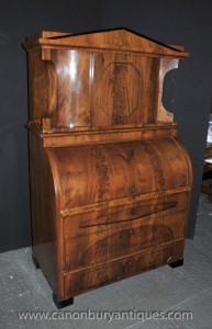 Antique Biedermeier Bureau Bookcase Walnut Roll Top Desk 1840