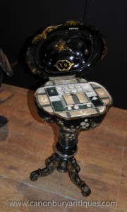 Antique Mother of Pearl Papier Mache Pin Cushion Sewing Set Table
