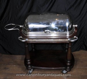 Antique Victorian Wood Silverplate Beef Carving Trolley Hotel Carvery