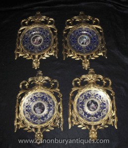 Four Sevres French Porcelain Plaques Plates in Gilt Frame