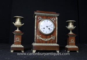 French Empire Mahogany Mantle Clock Garniture Set