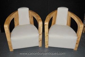 Pair Art Deco Club Chairs Arm Chair Vintage Blonde Walnut