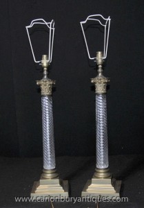 Pair French Cut Glass Doric Column Table Lamps Lights