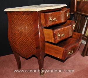 Pair French Empire Commodes Bombe Chest Drawers Parquetry Inlay