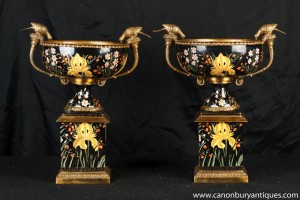 Pair French Empire Porcelain Urns Ormolu Pheasant Handles Craqueleture