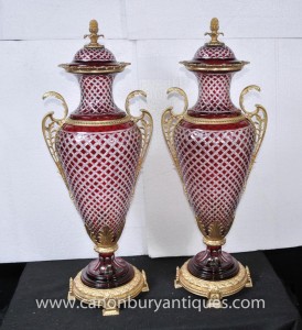 Pair Large Empire Glass Amphora Urns Vases French Ormolu