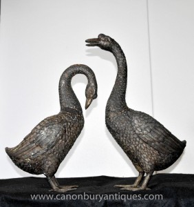 Pair Lifesize Bronze Geese Goose Birds Statue