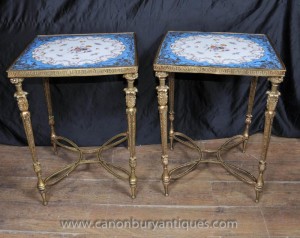 Pair Sevres Porcelain Ormolu Side Tables Floral Motif Cocktail Table