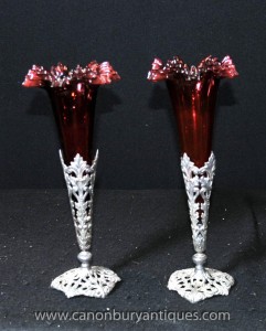 Pair Victorian Silver Plate Rose Vases Cut Glass Vase