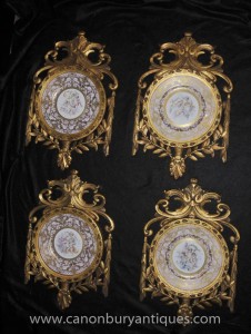 Set Sevres Porcelain Cherub Plaques Plates Gilt Frame