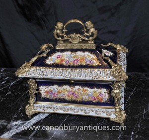Sevres Porcelain Floral Jewellery Box Casket Ormolu Cherub