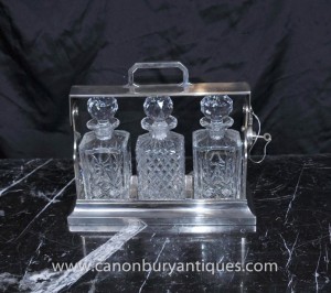 Victorian Silver Plate Tantalus Set Drinks Perfume Bottle 1920 Cut Glass