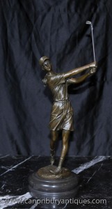 French Bronze Female Golfer Statue Signed Milo Golf Golfing