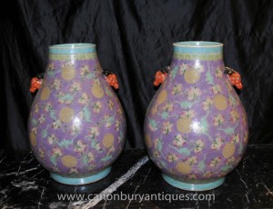 Pair Chinese Porcelain Ming Baluster Urns Vases Under Glaze