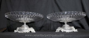 Pair French Empire Rococo Silver Plate Glass Dishes Plates Tureens Comports
