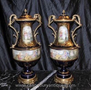 Pair French Sevres Porcelain Baluster Urns Vases Ormolu