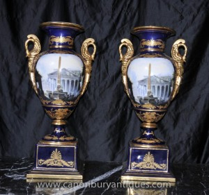 Pair German Dresden Porcelain Amphora Urns Classic Urn