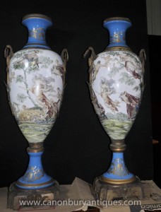 Pair Large French Sevres Porcelain Amphora Vases Urns