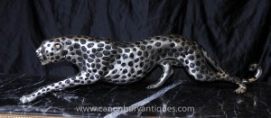 Art Deco Silver Bronze Cheetah Statue Cats Leopard Feline