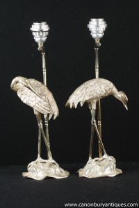 Pair Art Nouveau French Silver Plate Heron Bird Table Lamps Lights