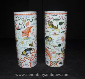 Pair Chinese Ming Porcelain Umbrella Stands Urns Vases Hand Painted