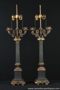 Pair French Empire Column Lamps Candelabras Ormolu Candles Table Light