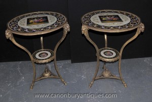 Pair French Empire Ormolu Porcelain Side Tables Rams Heads Floral