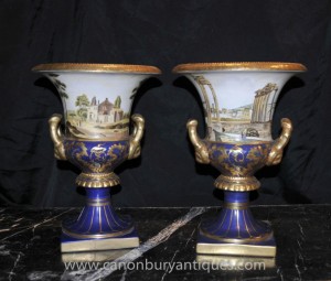 Pair German Dresden Porcelain Campana Urns Planters