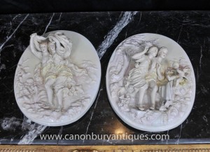 Pair Sevres Porcelain Cherub Relief Plaques Wall Plates Angel
