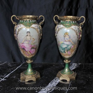 Pair Sevres Porcelain Romantic Angle Vases French Pottery