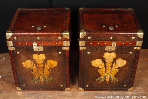 Pair Vintage Leather Steamer Trunk Luggage Boxes Tables