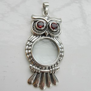 Sterling Silver & Garnet Owl Magnifying Glass Pendant