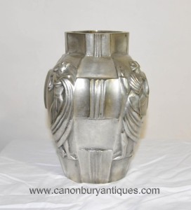 French Art Deco Silver Bronze Urn Vase Lady Figurine