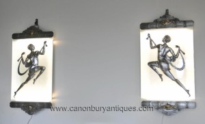 Pair Art Deco Bronze Wall Lights Sconces Appliques by Gori Plaques