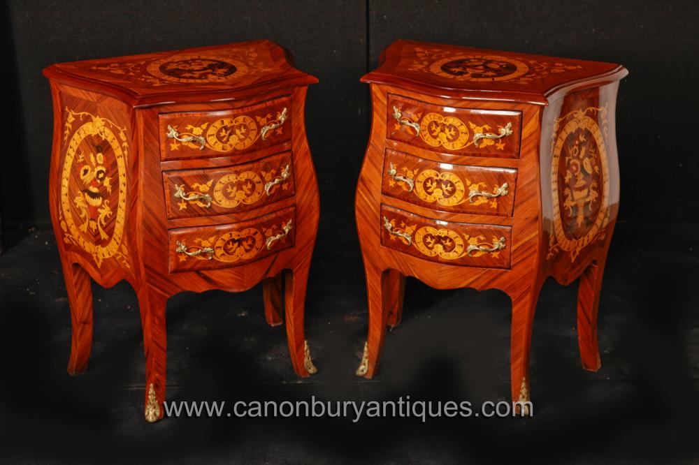 Pair Dutch Marquetry Inlay Chests Nightstands Commmodes Bedside Tables Bombe