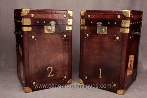 Pair English Leather Vintage Steamer Trunks Luggage Box Tables