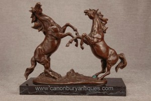 Pair French Bronze Horses by Milo Leaping Duelling Statue Pony