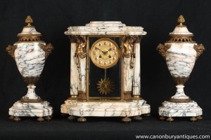 Antique French Empire Marble Clock Set Garniture Urns Atlas