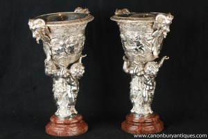 Pair Empire Silver Plate Bronze Cherub Dishes Tureens Statue