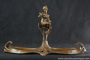 Art Nouveau Bronze Female Swallow Girl Figurine Tray Centrepiece