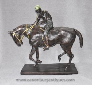 Big French Bronze Horse and Jockey Statue by Mene