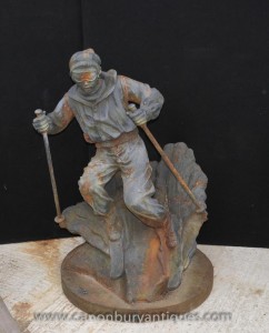 French Cast Iron Lifesize Ski Statue Sculpture Alpine Skier