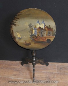 French Lacquer Antique Painted Side Table 1880 Tripod Base