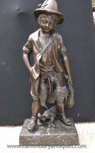 Large French Bronze Phesant Hare Hunter Boy Statue Casting