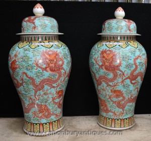 Pair Big Chinese Ming Porcelain Dragon Urns Vases Lidded Ceramic