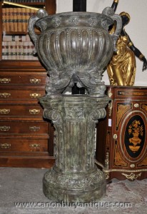 Pair Big Italian Bronze Classical Urns on Architectural Pedestal Columns