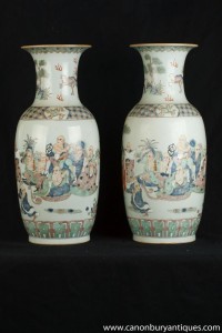 Pair Chinese Famille Vert Hand Painted Porcelain Vases