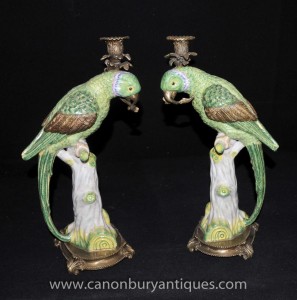 Pair French Parrot Candelabras Porcleain and Ormolu Candles