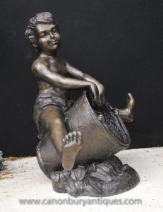 Bronze Bucket Boy Fountain Statue Figurine Cherub Water Feature